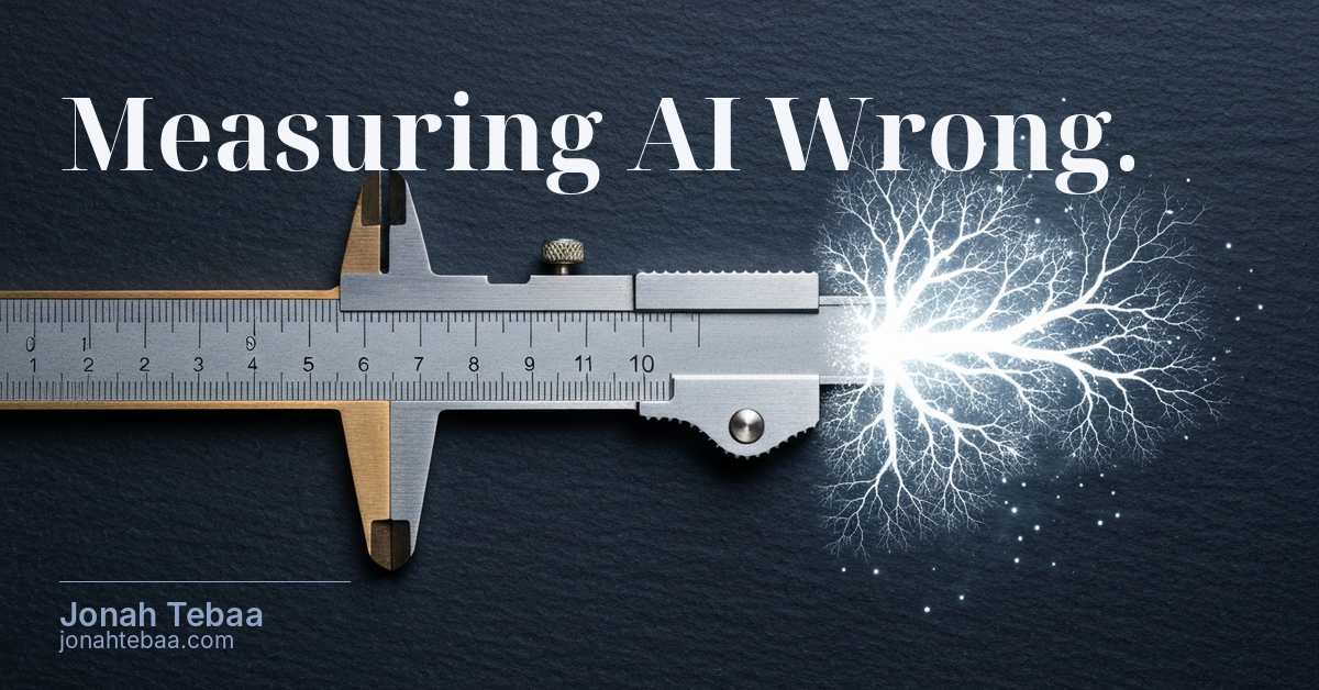 A precision engineer's measuring instrument dissolving from solid steel on the left into luminous neural-dendritic light structures on the right — the visual metaphor for applying industrial measurement tools to a post-industrial technology
