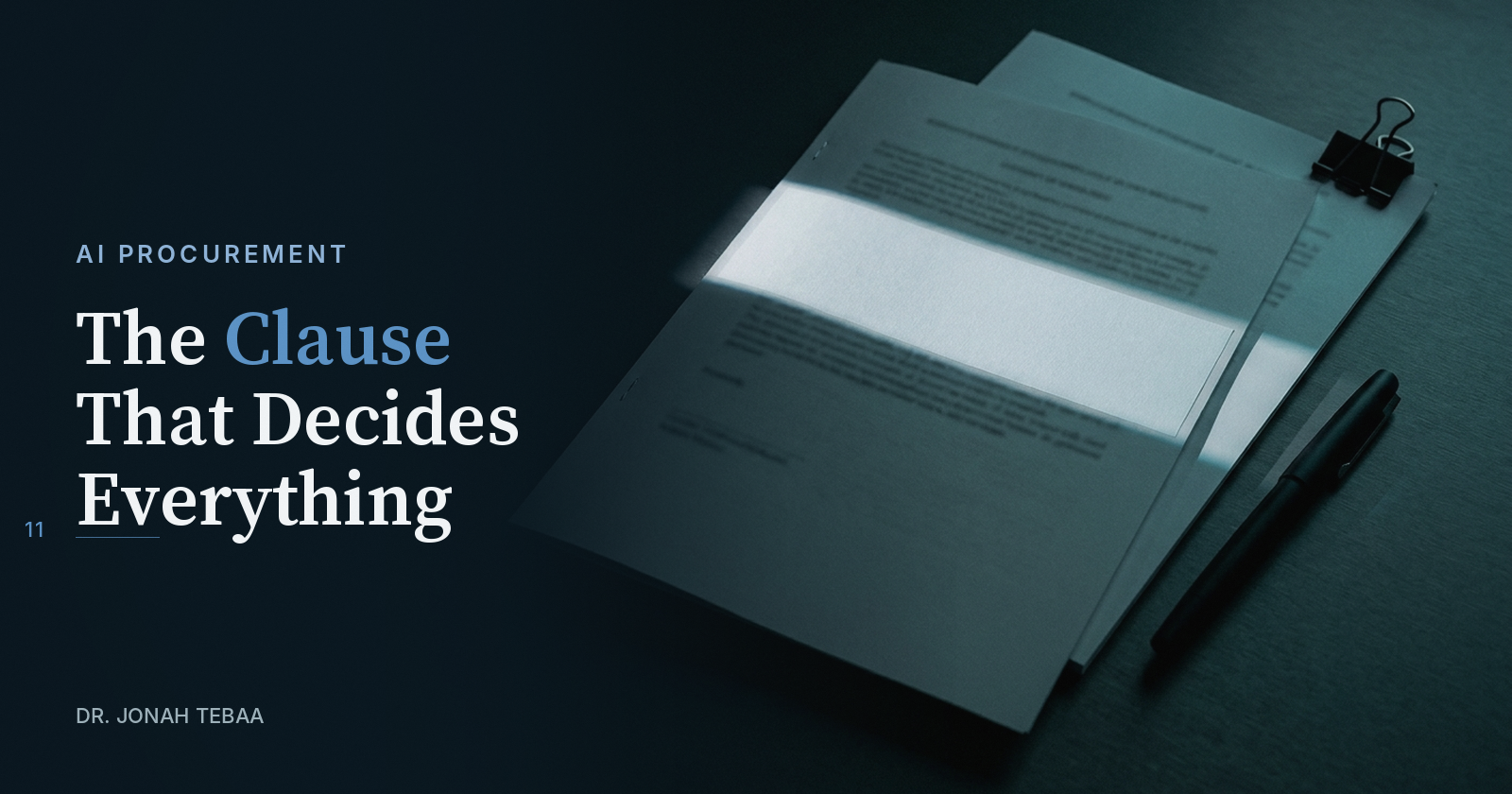 Contract pages on a dark desk with a shaft of daylight falling across a single paragraph