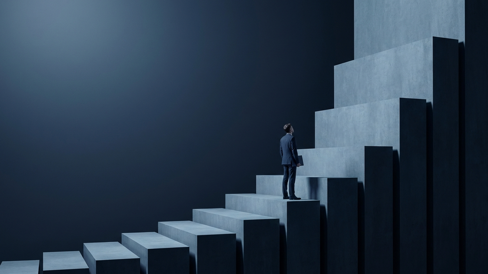 A lone figure in a dark suit pauses on a concrete staircase where each step is taller than the last and the steps ahead soon tower over their head: a metaphor for AI cost per query rising as adoption succeeds.