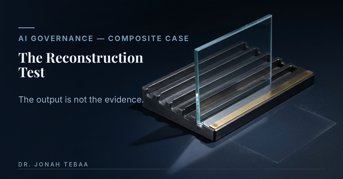 A dark archival rack of empty slots holds a single upright pane of glass in one of them, an image of the one artifact an organization still has when a decision is disputed.