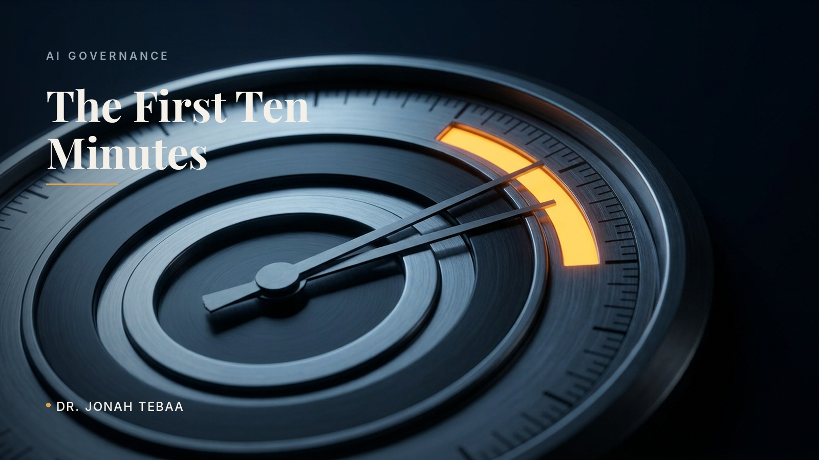 Editorial instrument dial with a glowing amber arc marking thirteen unaccounted minutes, illustrating the first minutes after an AI system fails.