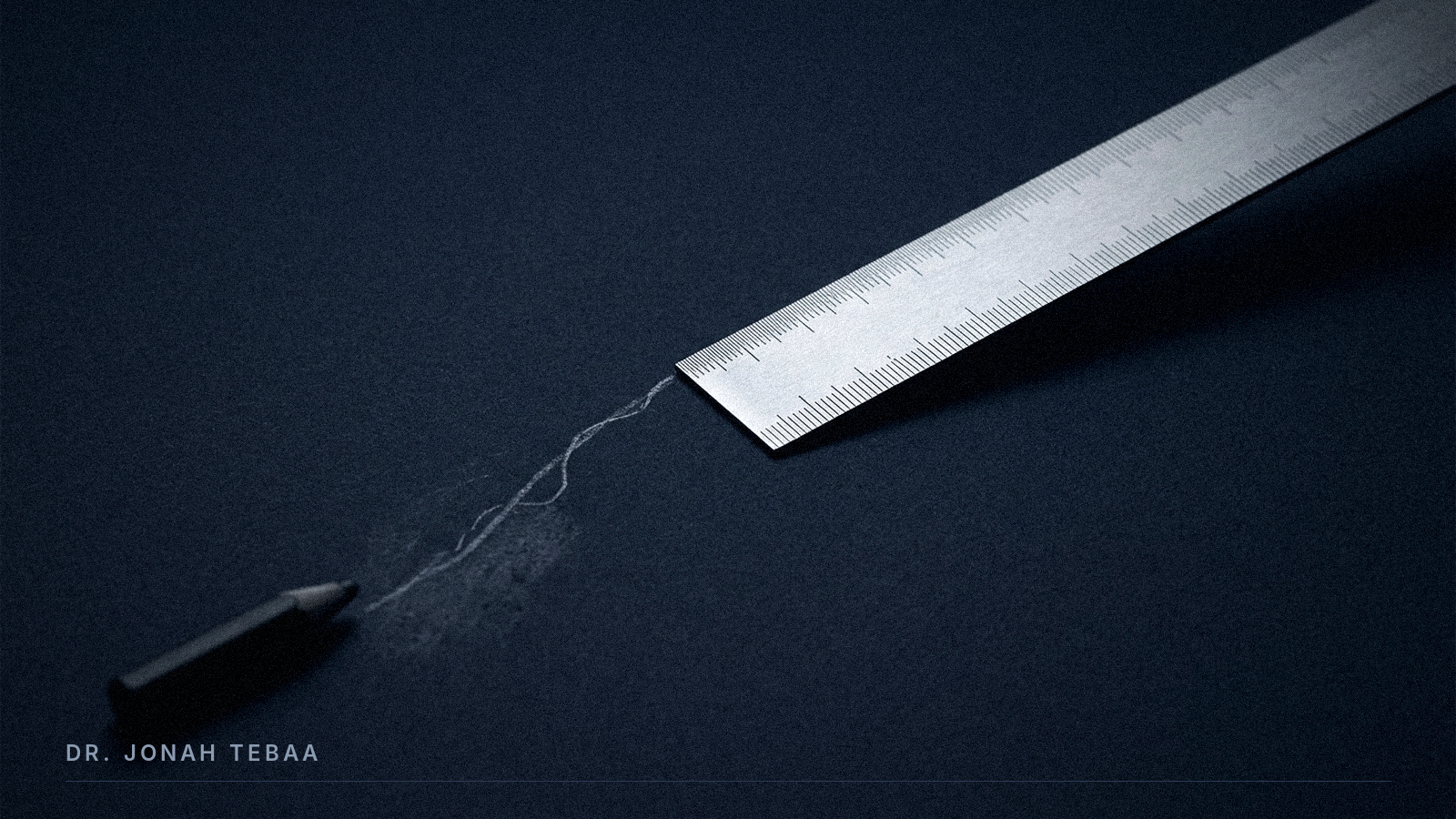 A precision steel ruler with crisp engraved markings that stops short, continued across a dark surface by a smudged, hand-drawn pencil line leading back to a small pencil stub, symbolizing an AI ROI baseline that was recalled rather than recorded.