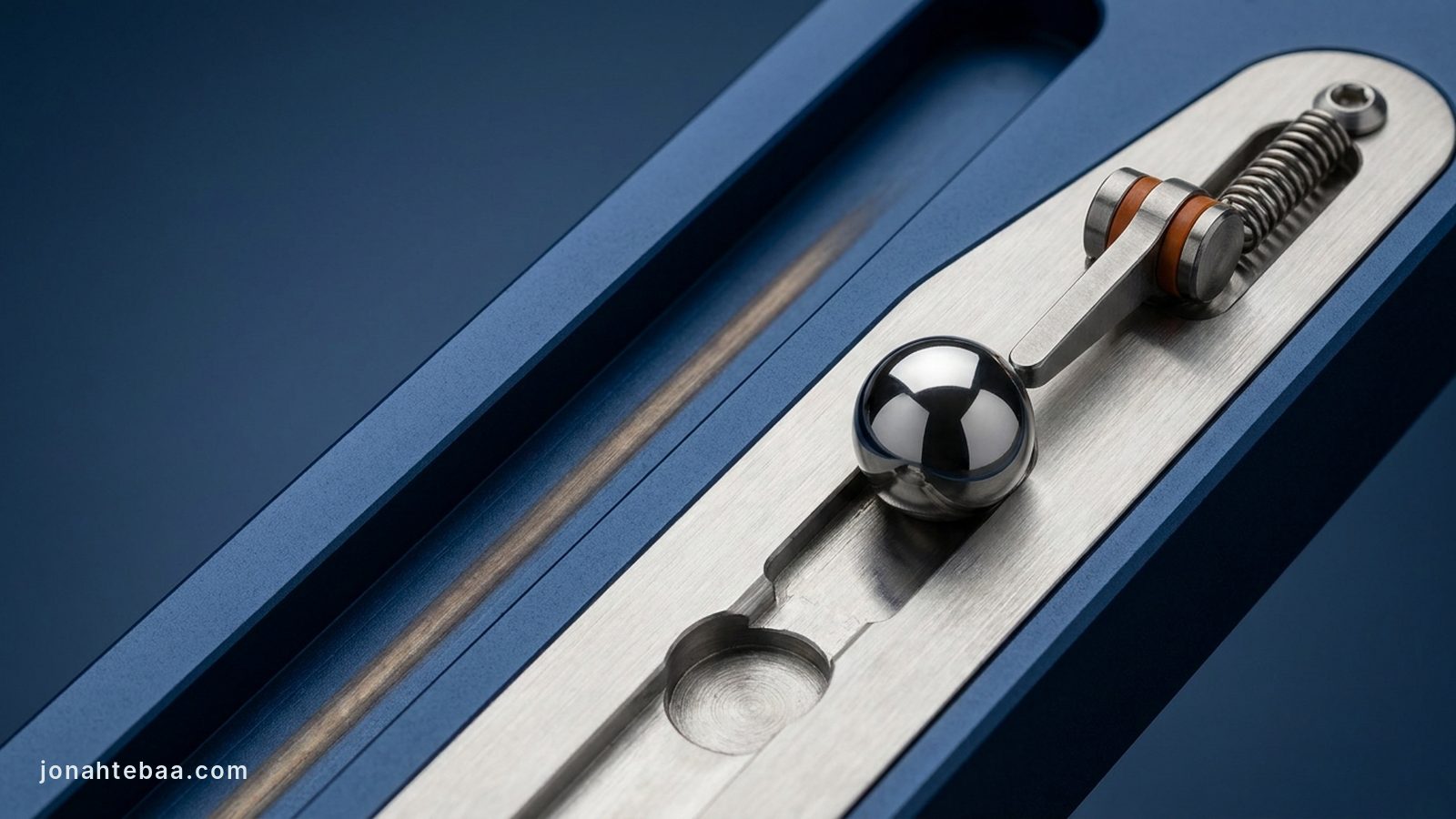 Macro photograph of a machined metal plate: a brushed steel inlay set into deep blue anodised aluminium, with two milled channels. One channel runs empty off the edge of the plate; in the other, a spring-loaded catch arm has stopped a single mirror-polished steel ball at a machined station, with another empty station recess visible in the same channel.