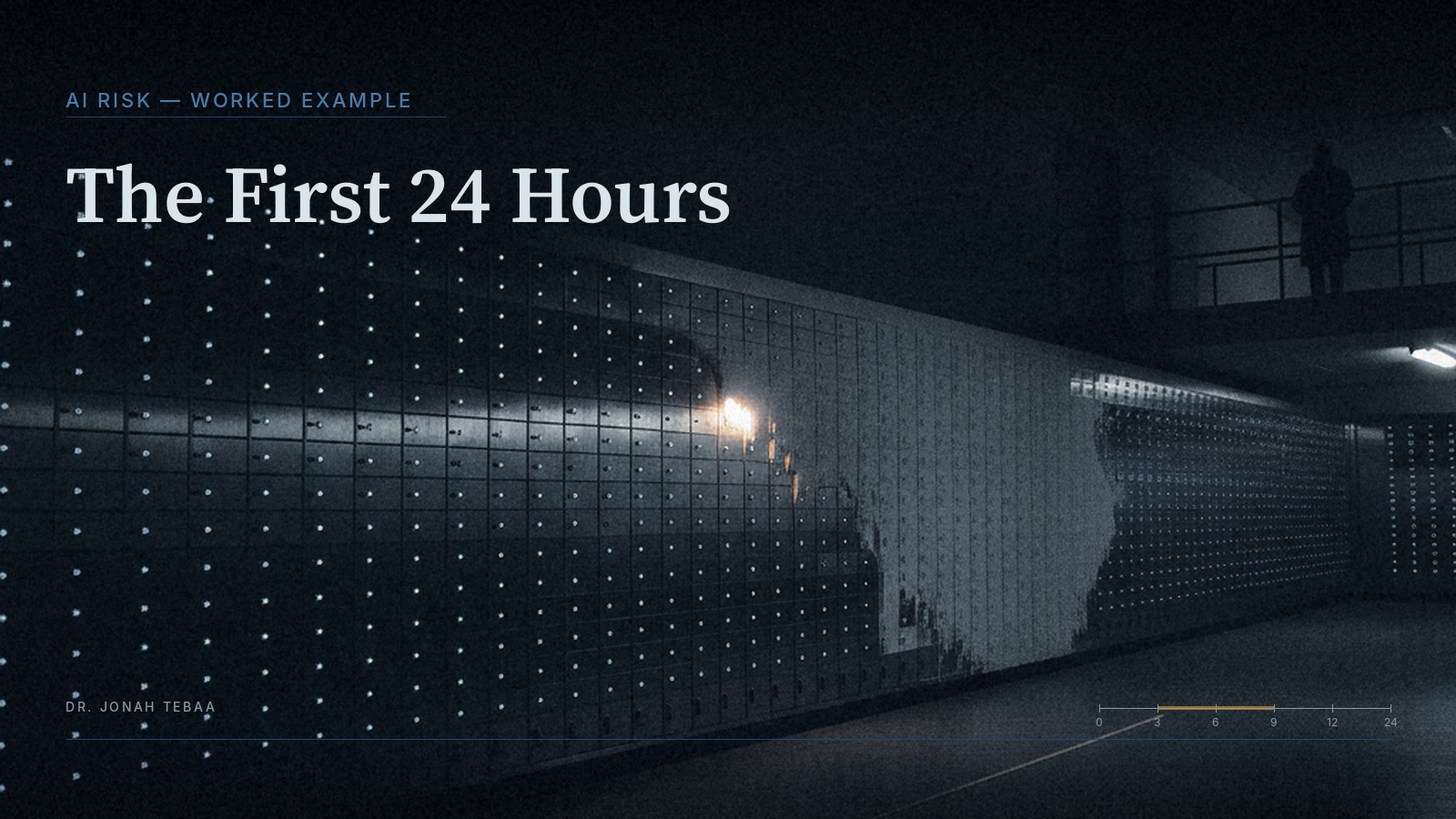A dark bank vault at night: a long receding wall of small steel safe-deposit doors, each with a tiny blue indicator light, with a pale frost line spreading across the wall and extinguishing the lights it passes; a single amber light still burns at the frost's leading edge, and one small distant figure stands on a mezzanine walkway far to the right, facing away.