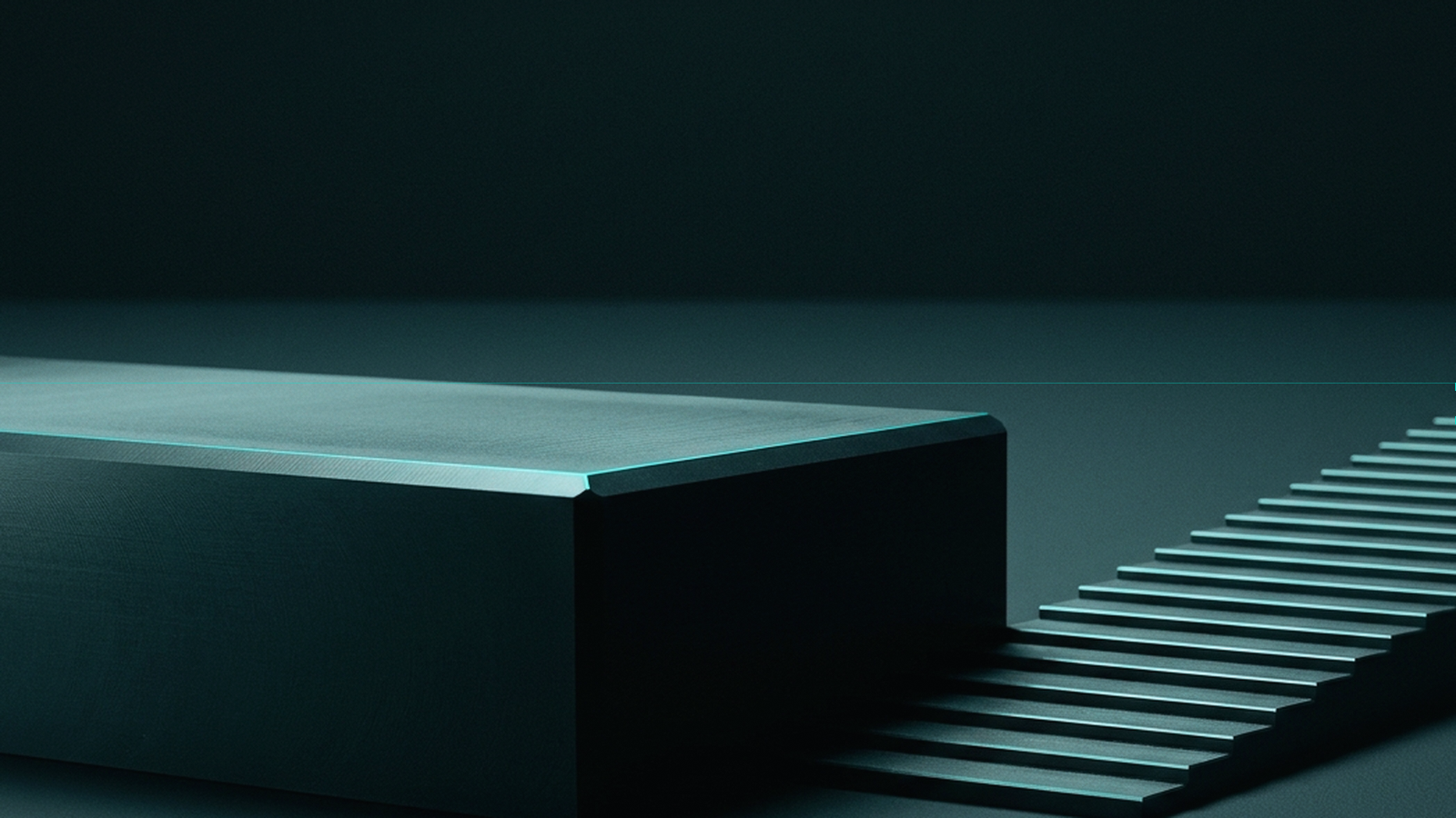 A machined metal plateau on a dark teal ground drops away at a sheer vertical cliff edge. To the right, a separate flight of dozens of fine, shallow stair risers climbs slowly back up and ends visibly below the height it fell from, lit by hard raking light.