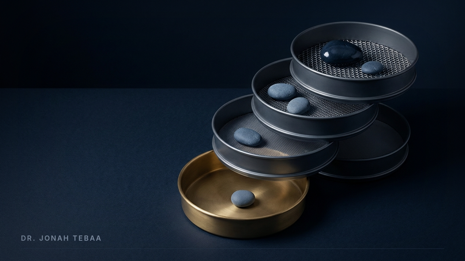 A still life of a staircase of four laboratory sieves stacked above a brass catch pan; six slate-grey pebbles sit on the mesh trays at different stages, with a single stone resting alone in the pan, symbolizing a use case that survives a four-question screening pass.