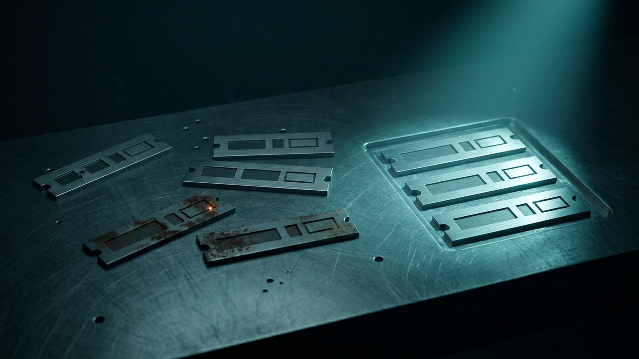 A dark machined-metal workbench where seven engraved metal nameplates lie scattered in shadow, each carrying the same three-block pattern in a slightly different form, while a narrow cyan inspection beam lights a neatly registered stack of three identical matching plates on the right.