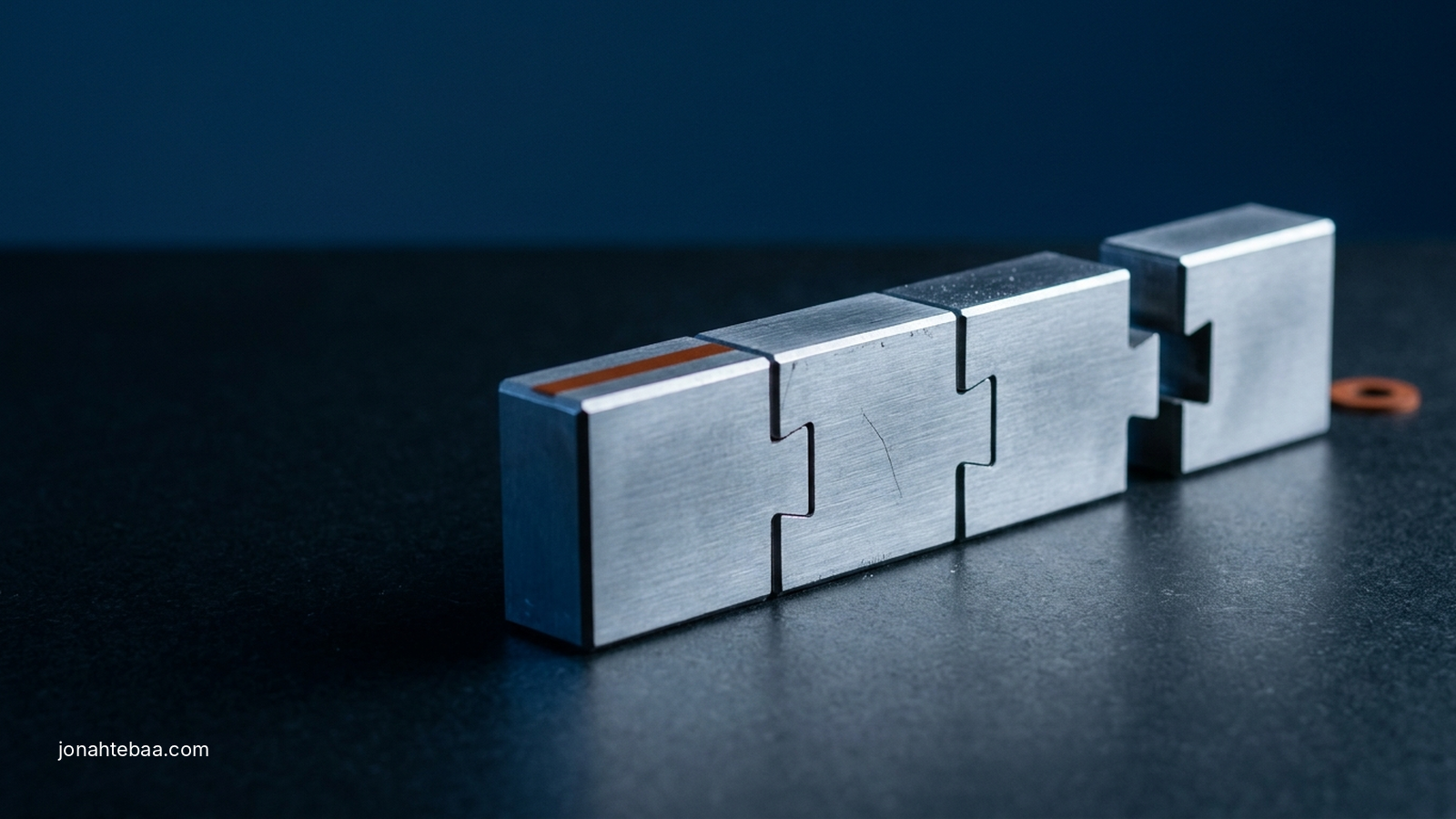 Four precision-ground steel blocks with interlocking machined ends lie in a line on a dark granite surface against a deep navy background. The three on the left are slid fully together into a single seamless run; the fourth sits apart at the right, its socket aligned with the last tab but not yet seated, showing that the run can only be completed in one order.