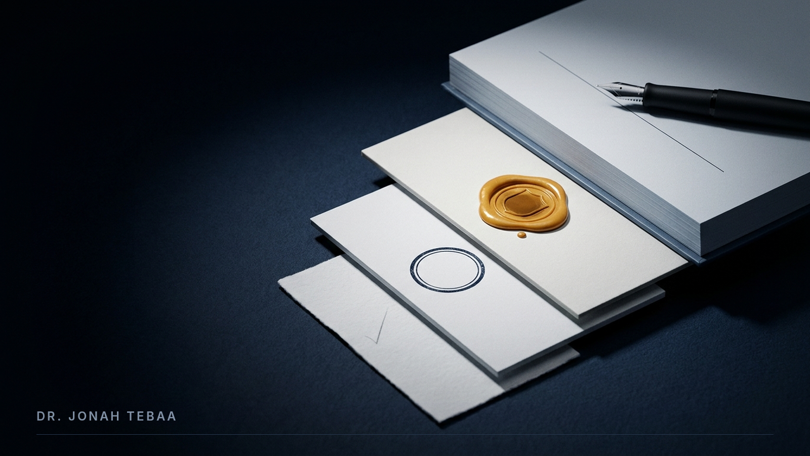 Four paper cards of increasing thickness rising as a staircase on dark navy paper: a faint pencil tick on the thinnest slip, an empty inked ring on the second card, a glossy amber wax seal on the third, and a thick folio with one unsigned ruled line and a black fountain pen resting across it, representing the four rungs of a sales-AI commitment ladder.