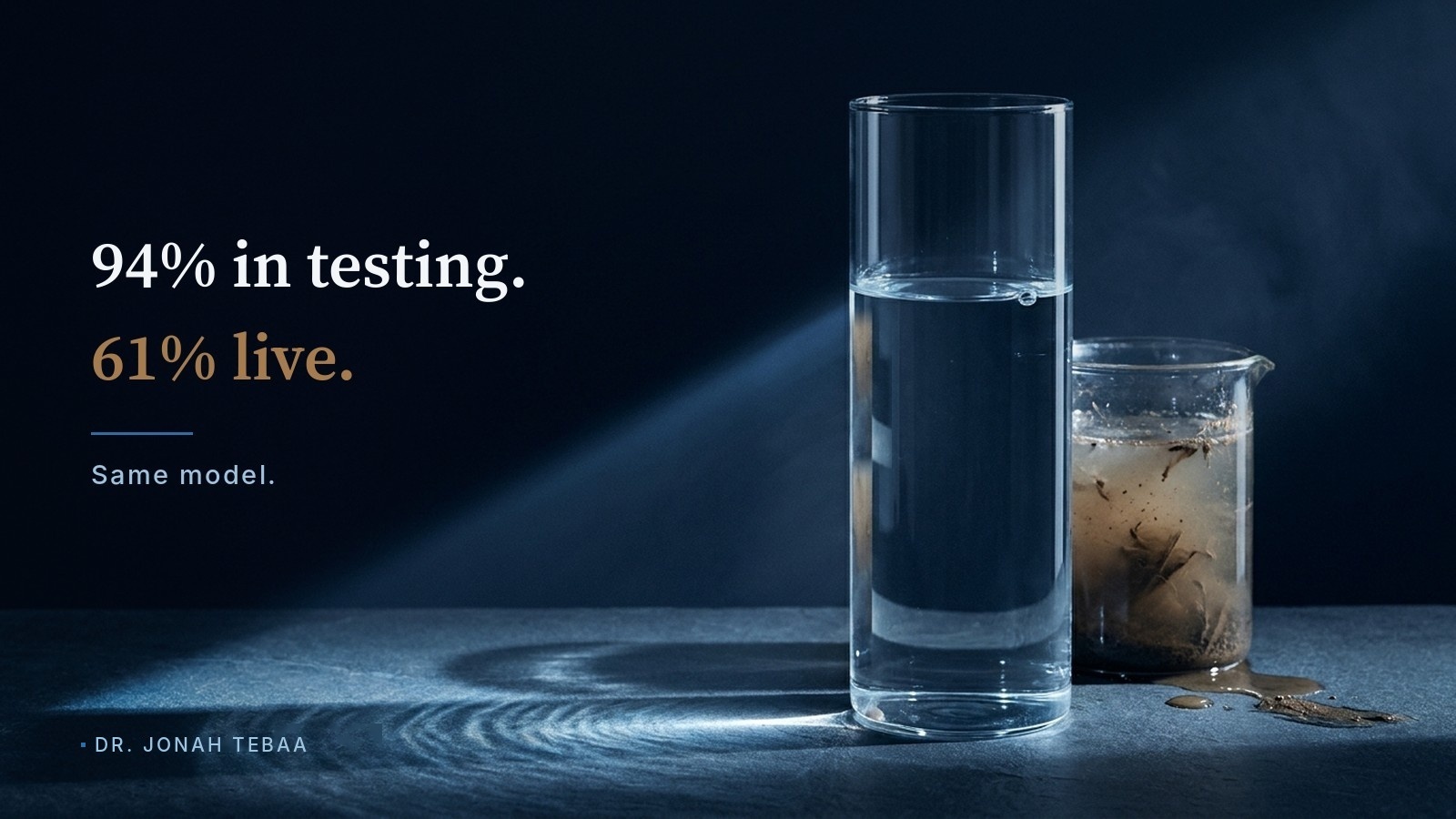 A tall glass of perfectly clear water stands beside a beaker of murky, sediment-filled water on dark stone, lit by a single shaft of light.