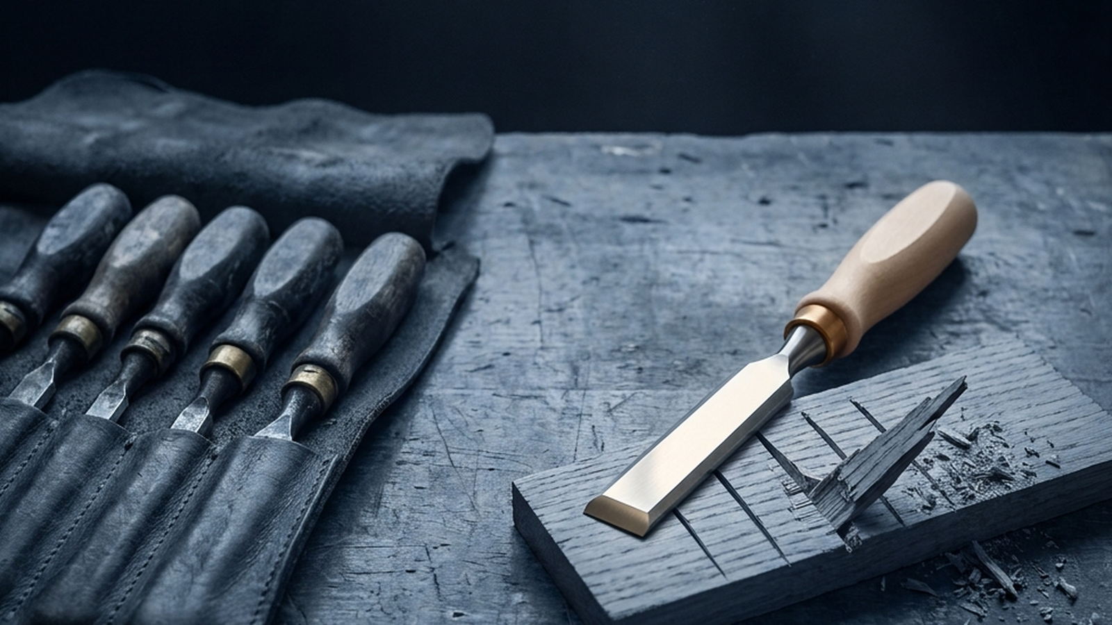 A set of five worn woodworking chisels in a leather tool roll on a workbench, beside a single new chisel resting apart from them on a freshly cut block of wood.