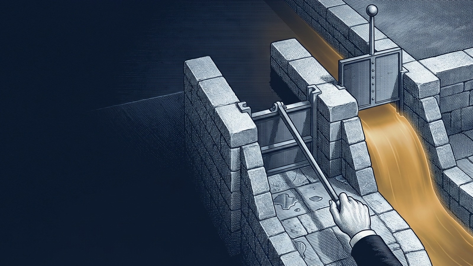 Deep-navy engraving-style illustration of twin stone sluice gates. The left gate is closed, its channel dry below, with a hand in a white cuff and navy sleeve gripping the lowered lever. The right gate is open, its lever upright and untouched, with liquid-gold water pouring out of frame.