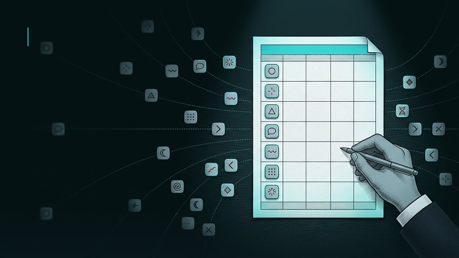 Engraving-style illustration on a dark teal background: a hand in a white shirt cuff and dark suit sleeve writes on a glowing one-page register grid, while small app-icon tiles connected by dotted lines drift in from both sides toward its rows.