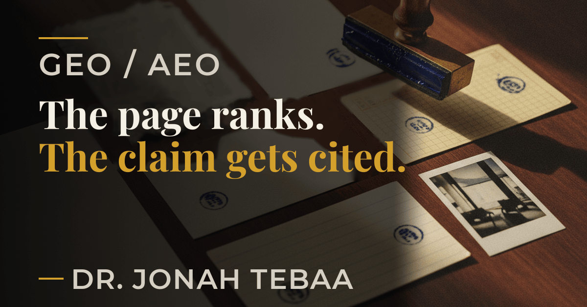 A newspaper clipping, index cards, a ledger card and a Polaroid lie scattered on a dark wooden desk, each carrying the same blue ink stamp, with the stamp itself resting among them.
