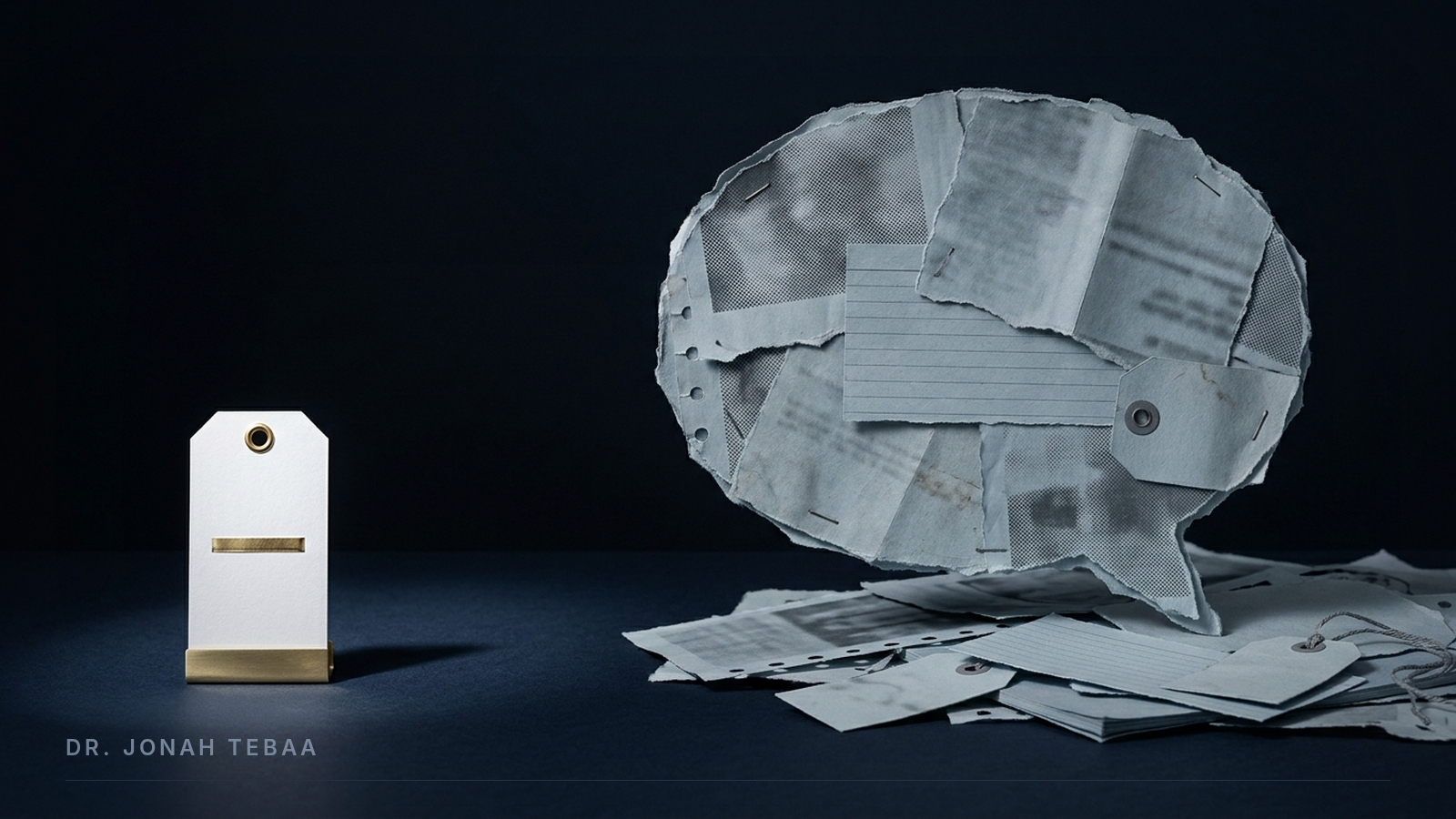 A small blank white tag with a brass eyelet stands alone in a pool of light, while beside it a large speech bubble built from torn scraps of old, faded press clippings, directory cards and brochures rises out of a pile of outdated paperwork, symbolizing an AI answer assembled from stale third-party sources rather than a brand's corrected website.