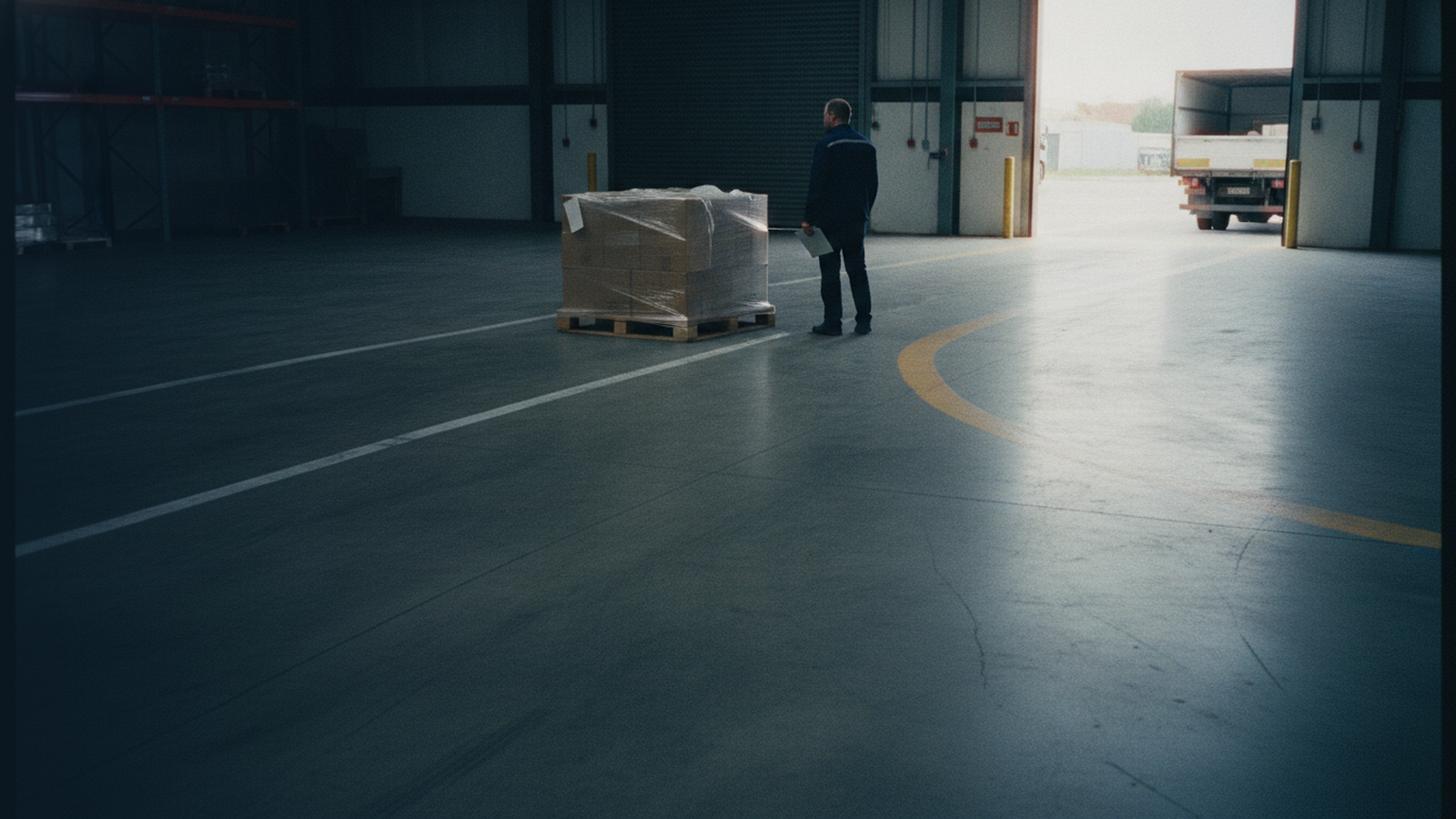 A warehouse supervisor stands still beside a single shrink-wrapped pallet parked on a painted floor junction, where one worn grey lane dead-ends at a closed shutter and an ochre lane curves away toward an open loading dock in daylight.