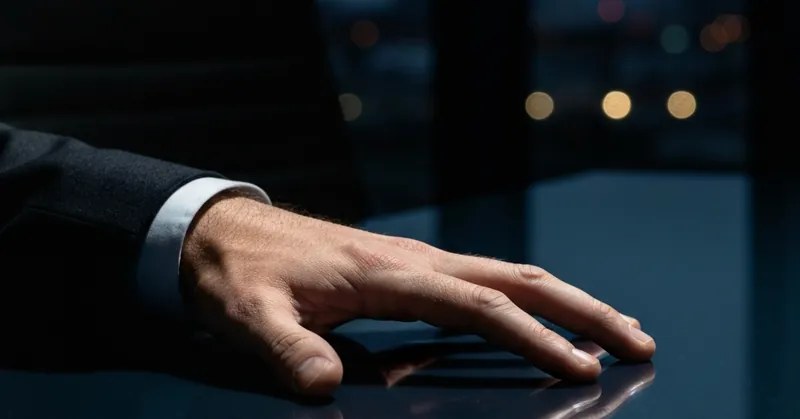 An executive hand pressing deliberately on a dark conference table — the gesture of a decision being made