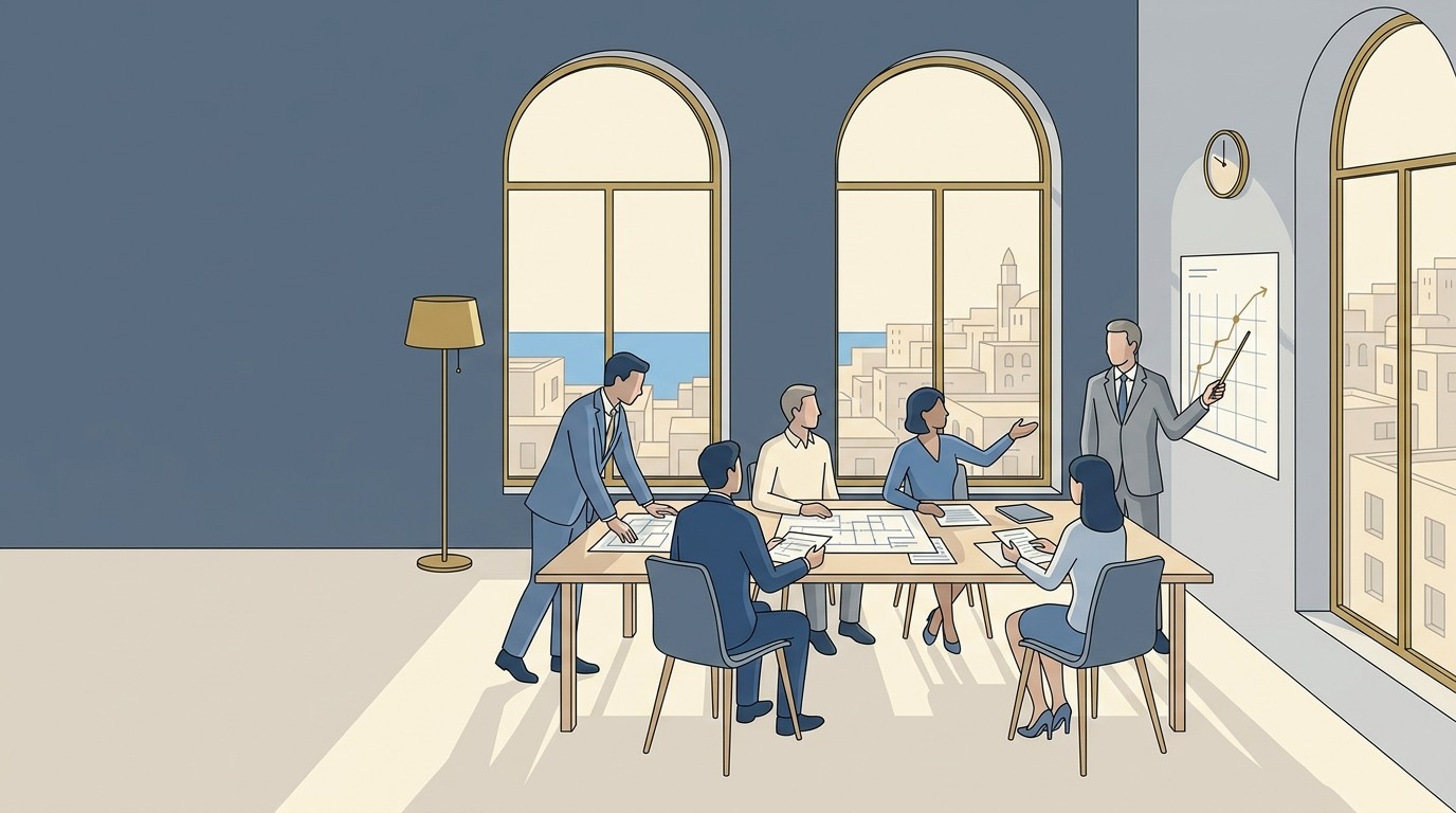 Cover illustration: advisers and business owners reviewing plans in a Mediterranean office overlooking a coastal city