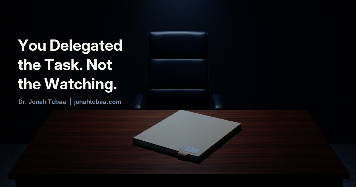 Empty executive desk with a single manila folder — no one in the chair, symbolizing the ownership gap in AI delegation