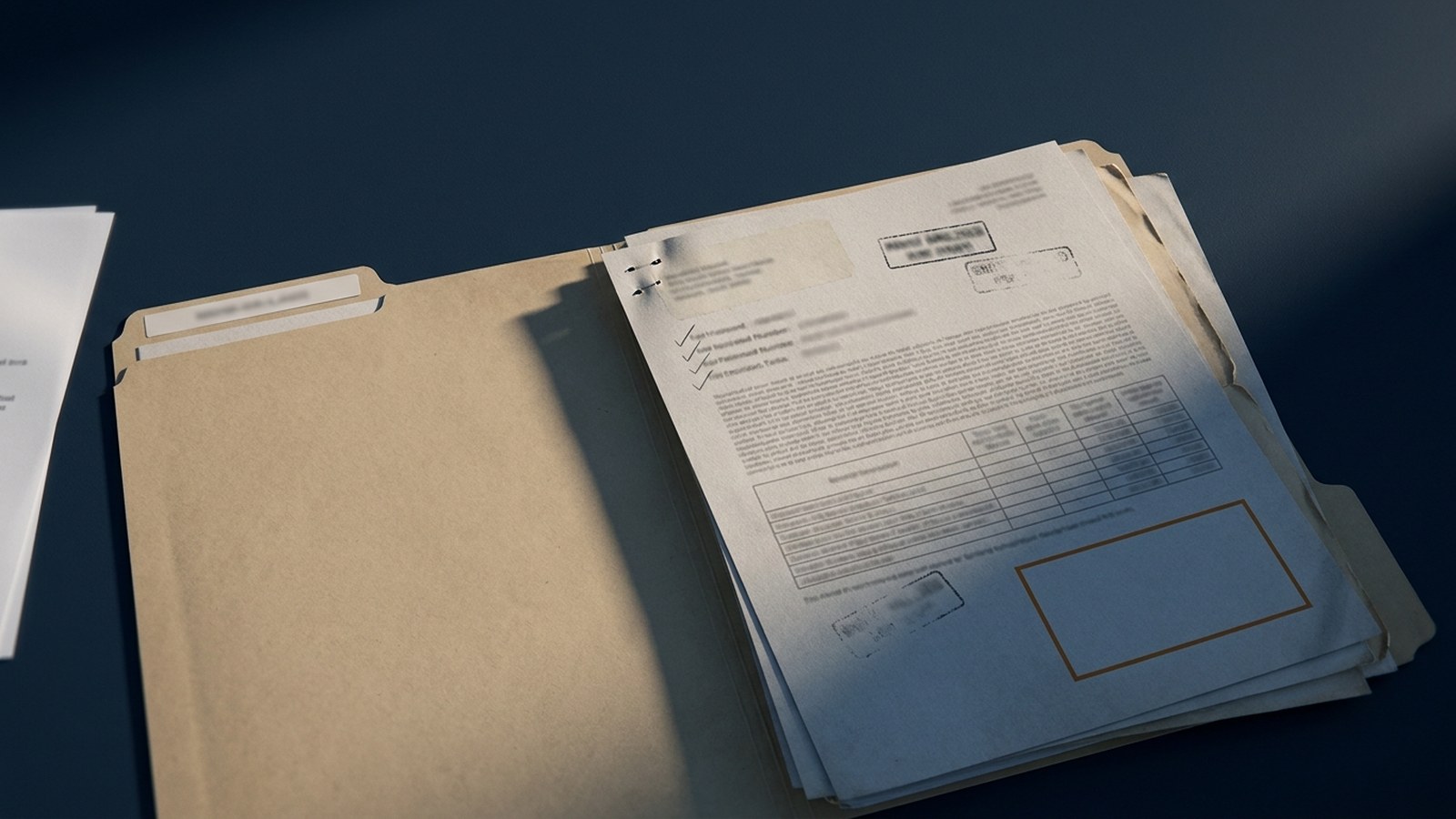 Reopened credit case file on a dark desk, every field stamped except one blank sign-off box.
