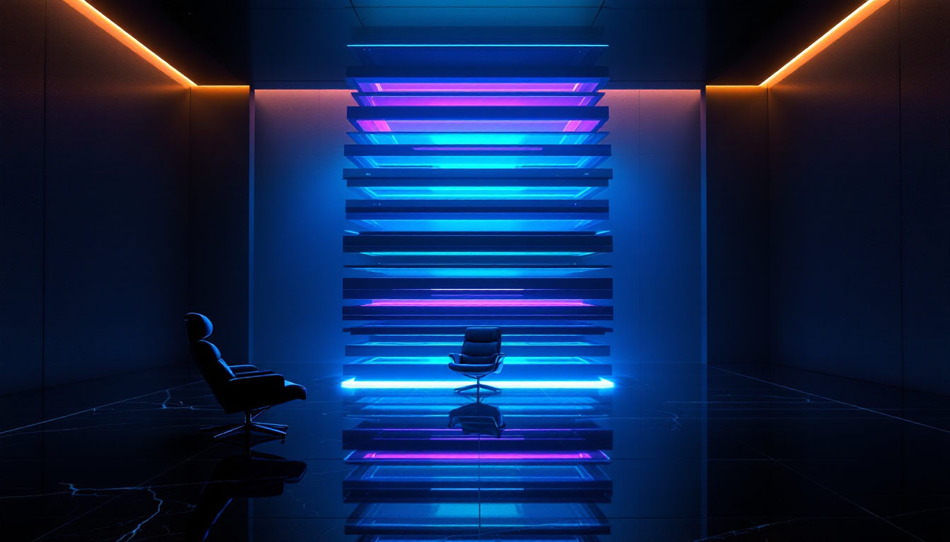 A colossal misaligned server monolith in an empty boardroom — visualizing an un-audited AI stack