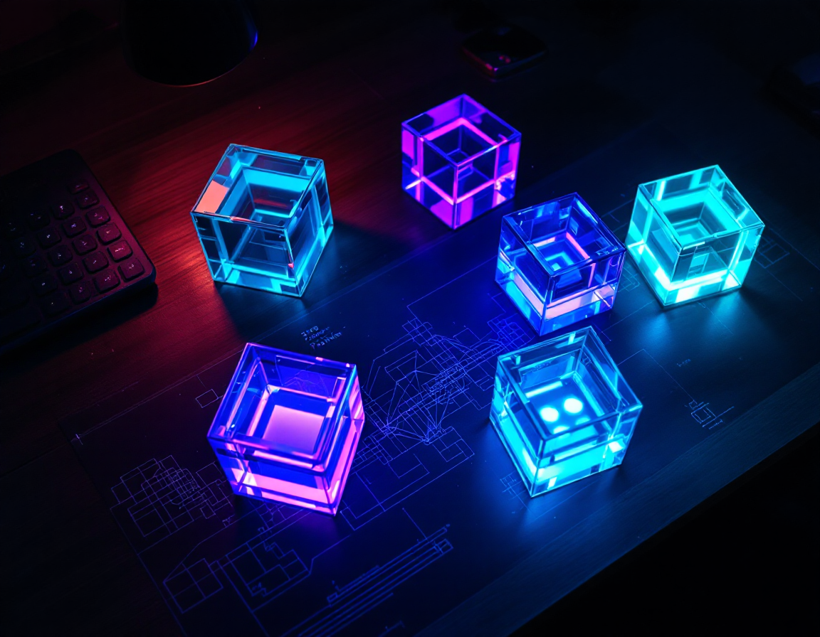 Six disconnected glass cubes on a dark desk — each a self-contained AI tool with no shared architecture