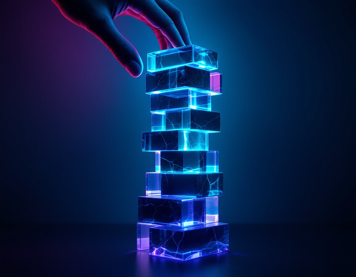 A hand placing the final block on a perfectly aligned luminous stack — a unified, intentionally built AI architecture