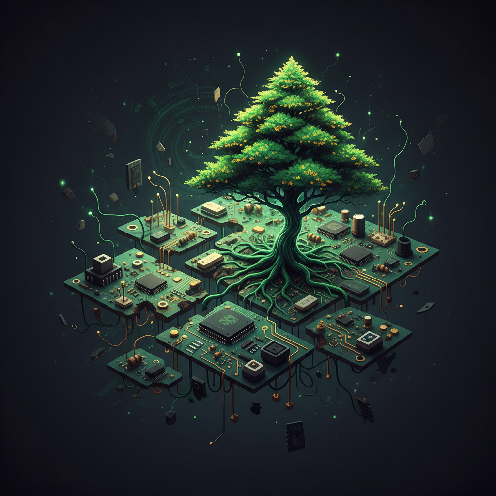 Lebanese cedar growing through broken circuit board