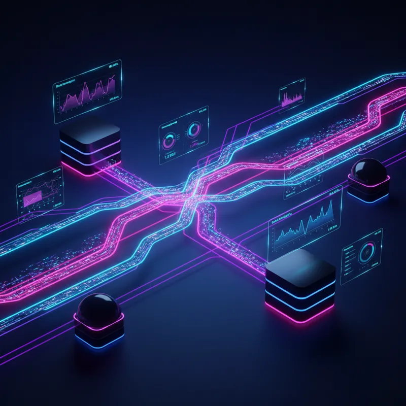 Data pipeline visualization showing organized data flows and quality metrics