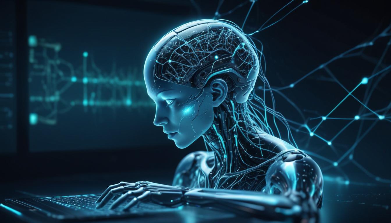 Abstract visualization of AI parsing and extracting signals from a website, glowing neural network lines connecting structured content elements in a dark blue and cyan interface