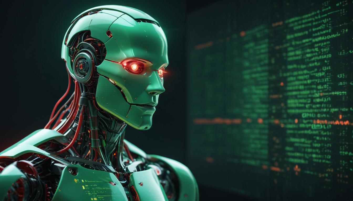 Split screen comparison: left panel shows structured schema markup and clean entity labels glowing green; right panel shows unstructured dense text in red, with an AI figure examining both sides