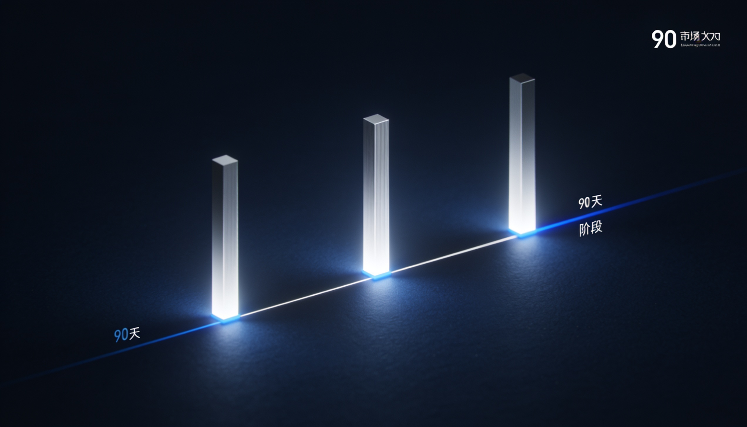 Abstract editorial visualization of a 90-day initiative timeline in deep blue and silver