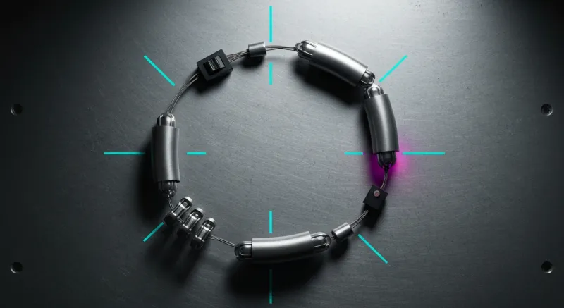 Four glowing nodes in a vertical chain — DETECT, RECOVER, VERIFY, ESCALATE — on charcoal background. The RECOVER node is the largest, lit cyan, with a subprocess fork branching off it. The ESCALATE node is dimmer, marked only if recovery fails
