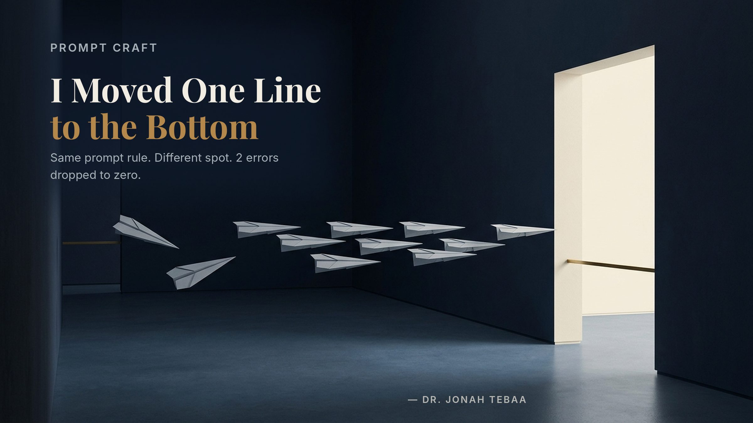 A deep-navy gallery corridor. A formation of dove-grey hand-folded paper darts flies toward a tall doorway of bright cream light at the far end. A slim brass rail sits far back at the corridor's entrance, and the two darts that have already passed it are drifting off-axis, nosing down and away from the group. An identical brass rail is mounted at the doorway threshold, and the darts crossing that one are level and parallel. Headline text on the left reads: I Moved One Line to the Bottom. Same prompt rule. Different spot. 2 errors dropped to zero.