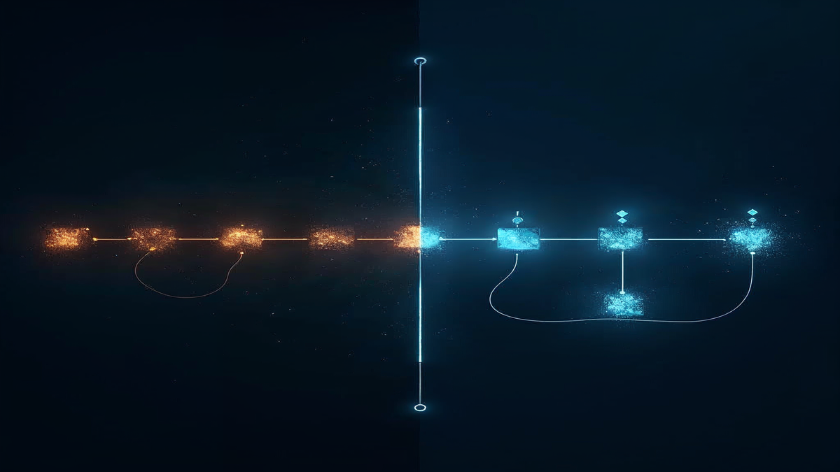 Split-panel comparison: left side shows a fragile patchy agent pipeline with broken and dimmed nodes; right side shows the same pipeline rebuilt with clean bright connections and teal checkpoint markers