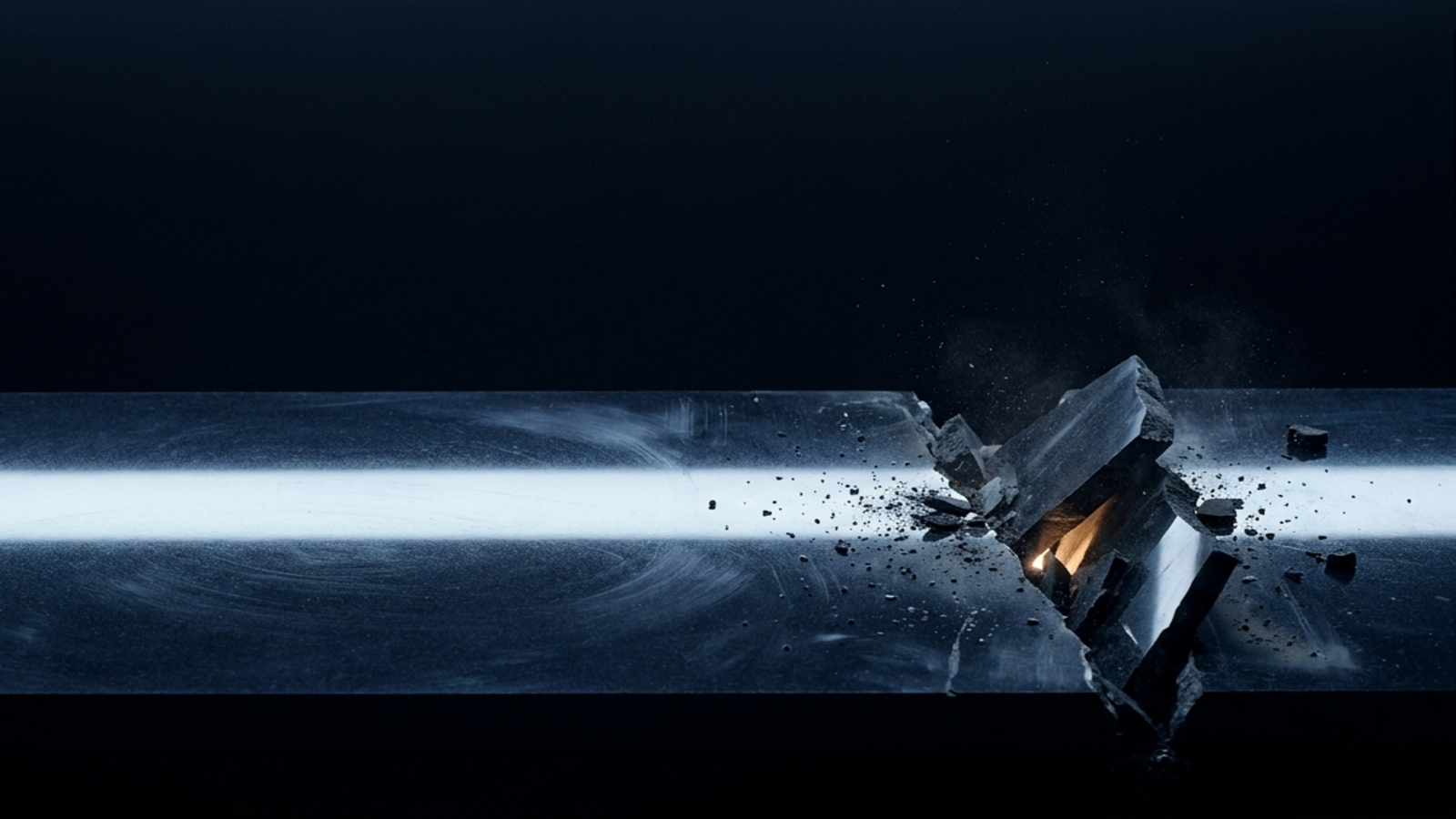 A mirror-polished navy slab reflecting one unbroken bar of light, tearing open at its right edge into a deep fissure lit by a single amber seam.