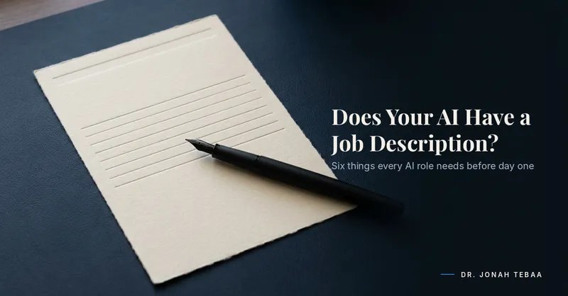 A blank premium role-charter document with a fountain pen on a navy desk, symbolizing an undefined AI role.