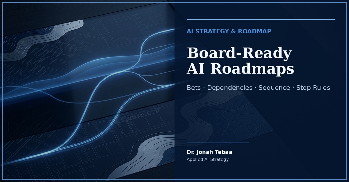 Board-ready AI roadmap visual showing luminous strategic routes on a premium blue planning table