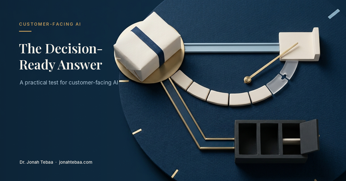 Conceptual editorial still life on a deep-blue, numeral-free clock face: a warm-white parcel sits on a circular brass junction where three routes divide, symbolizing the decision-ready test for customer-facing AI.