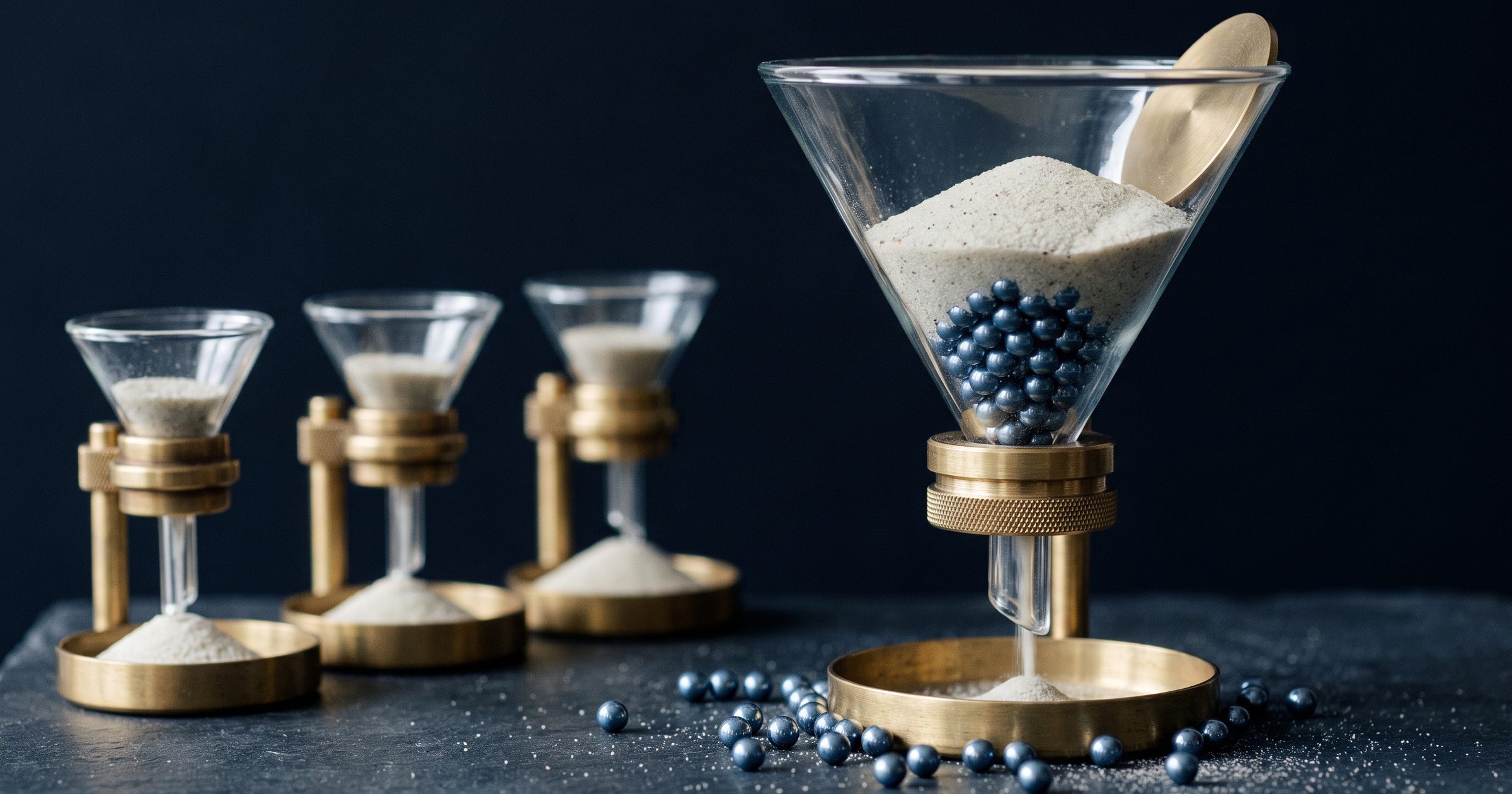 A single glass funnel on a brass stand is visibly jammed — steel bearings locked and blocking the throat, sand stalled above them, a brass disc tipped over the rim, only a thin trickle reaching a mostly empty dish — while in the soft-focus background three small separate funnels, each on its own brass stand, sit calmly with their dishes evenly and fully filled.
