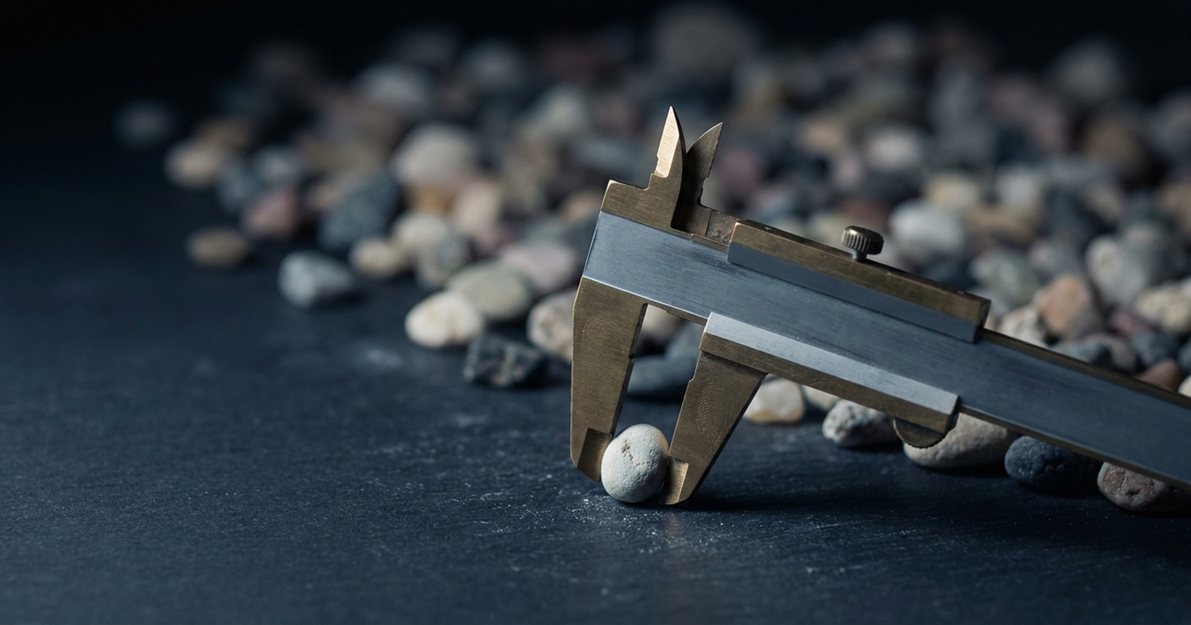 A precision caliper closes its jaws around one small pale stone in sharp focus while a vast field of unmeasured stones fades into darkness behind it.