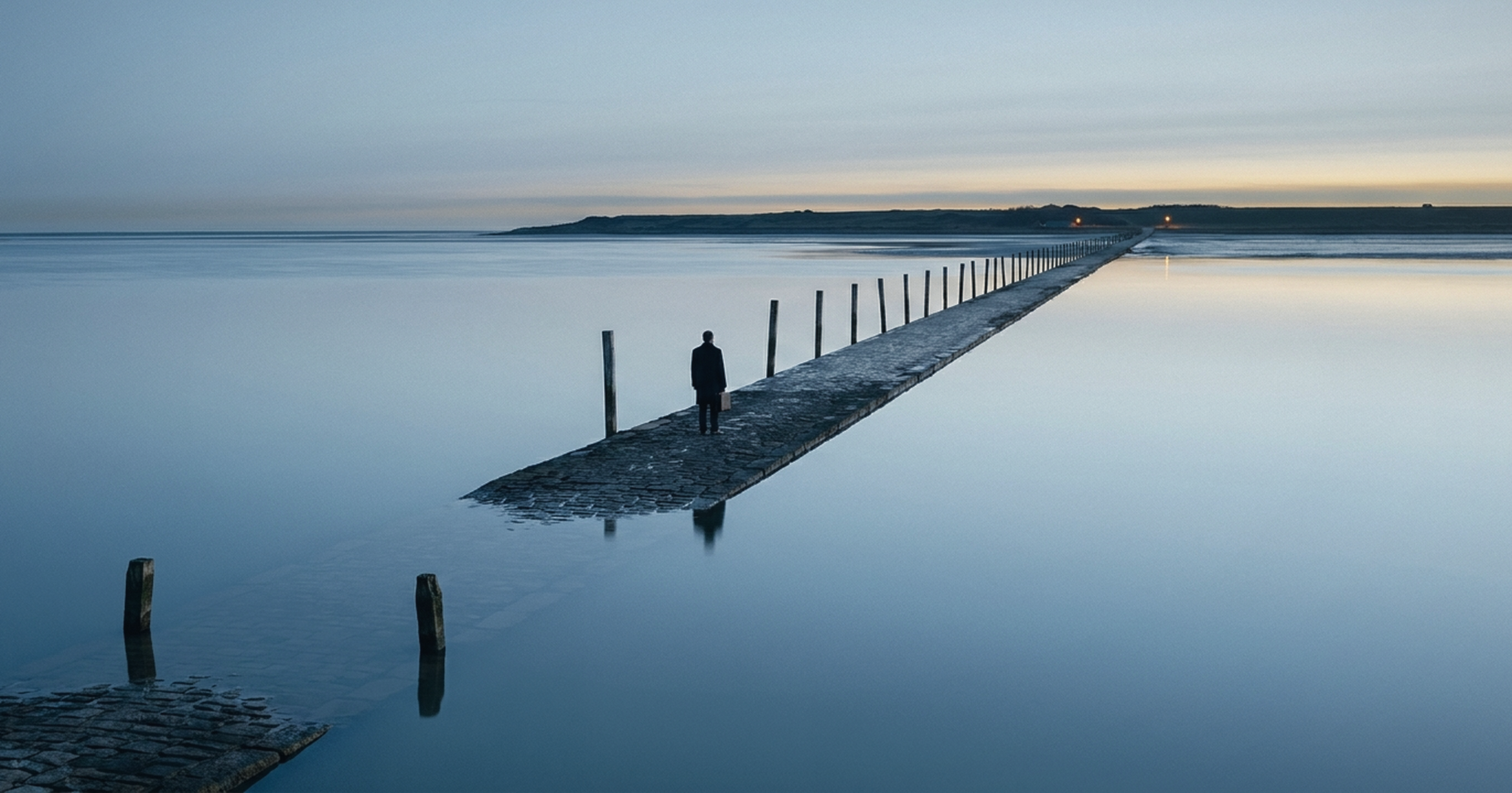 A lone figure in an overcoat stands on a stone causeway at blue hour, the road behind him already submerged beneath mirror-flat tidal water while the way ahead remains dry.