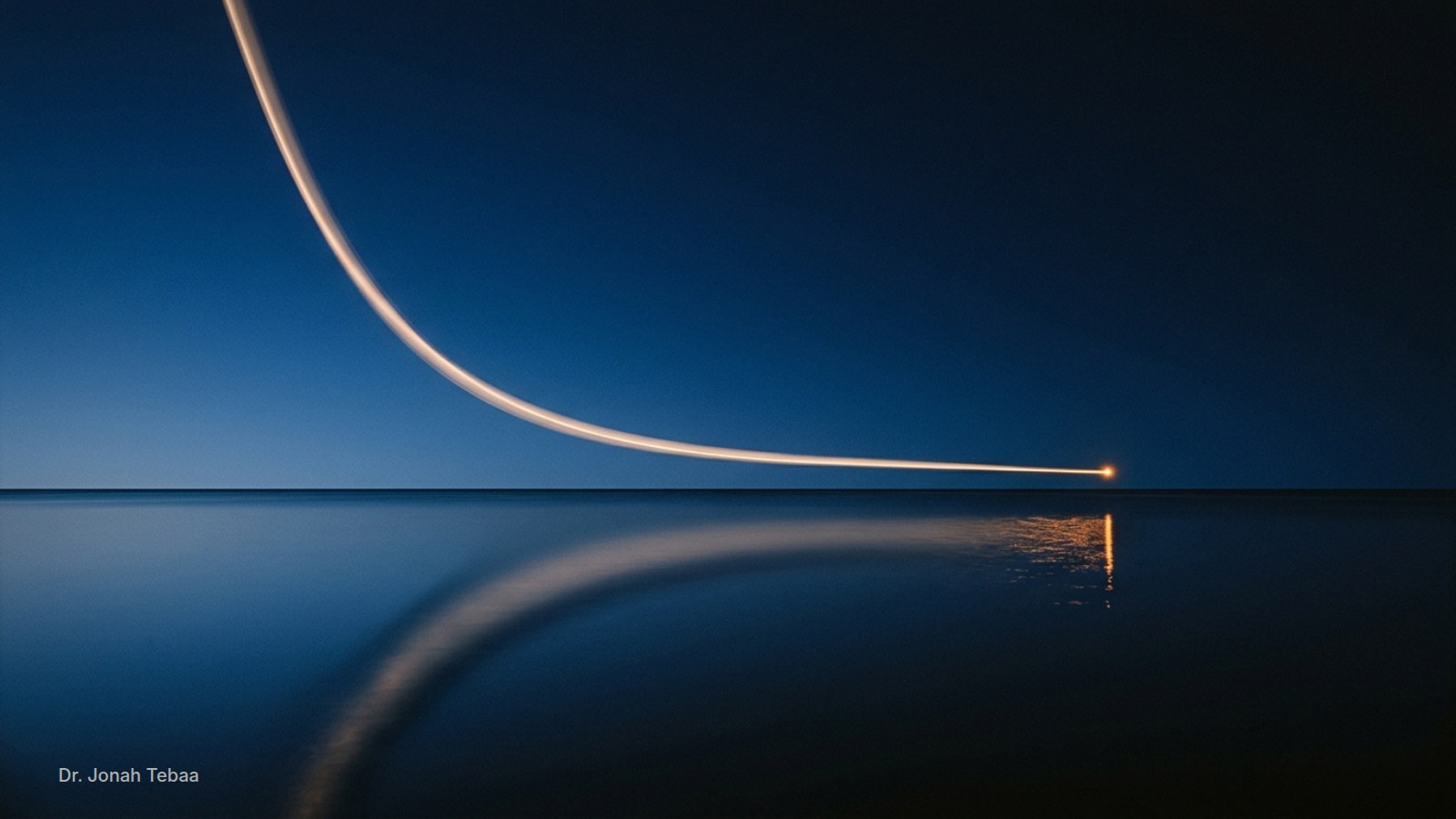 A single curve of light descending across a calm dark-blue field, crossing a faint horizontal line, with the crossing point softly lit in amber.
