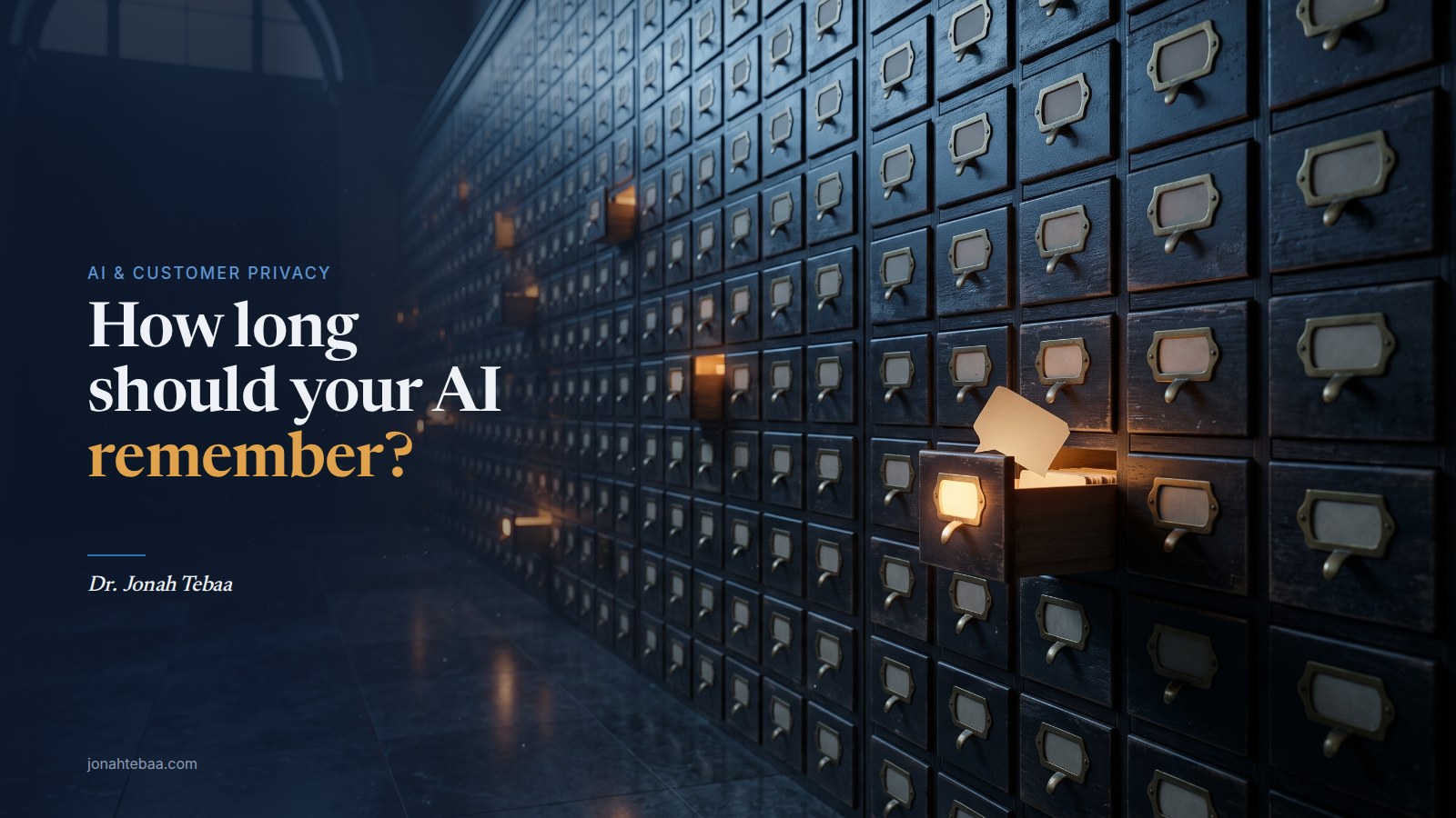 A long dark navy wall of wooden card-catalog drawers receding into the distance, a few glowing amber and one pulled open with a blank speech-bubble card, beside the headline "How long should your AI remember?"