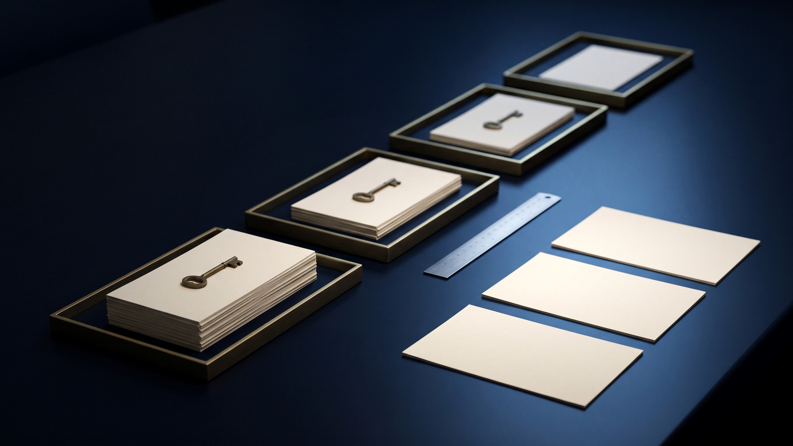 Three blank cream index cards lit by a narrow blue light on a dark navy boardroom table, with eleven more cards filed into four brass-edged trays fading into the shadows behind them.