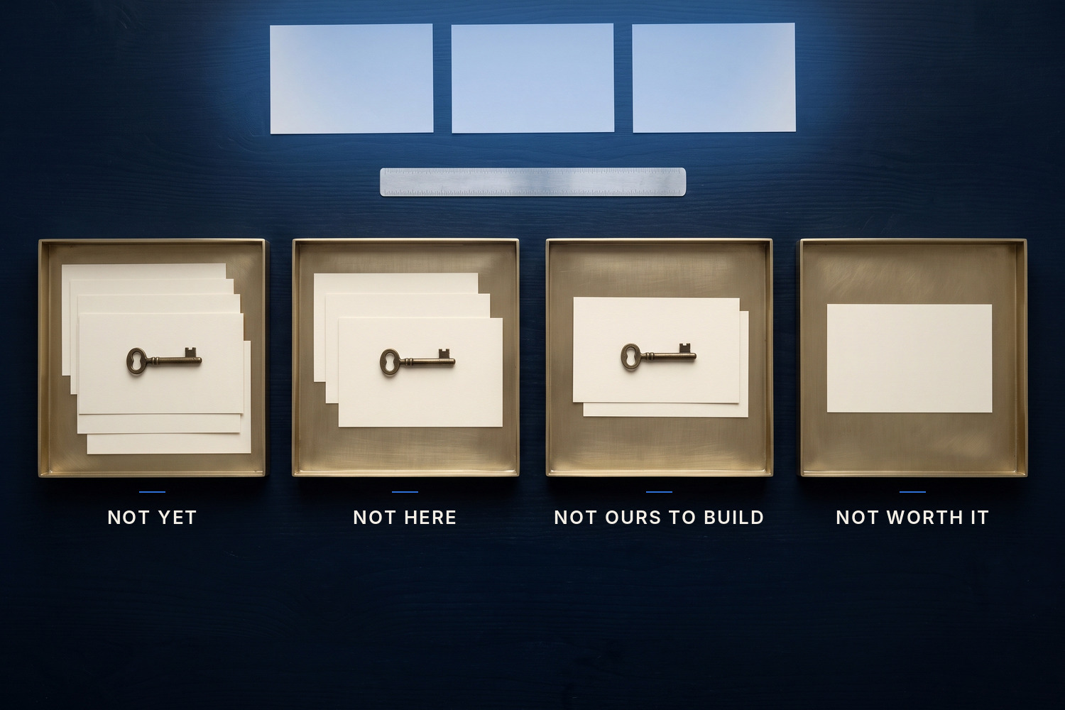 Overhead view of four brass-edged trays in a row holding five, three, two and one blank cards. Small brass keys rest on the first three trays and the fourth has none. Three funded cards sit apart in blue light above them.