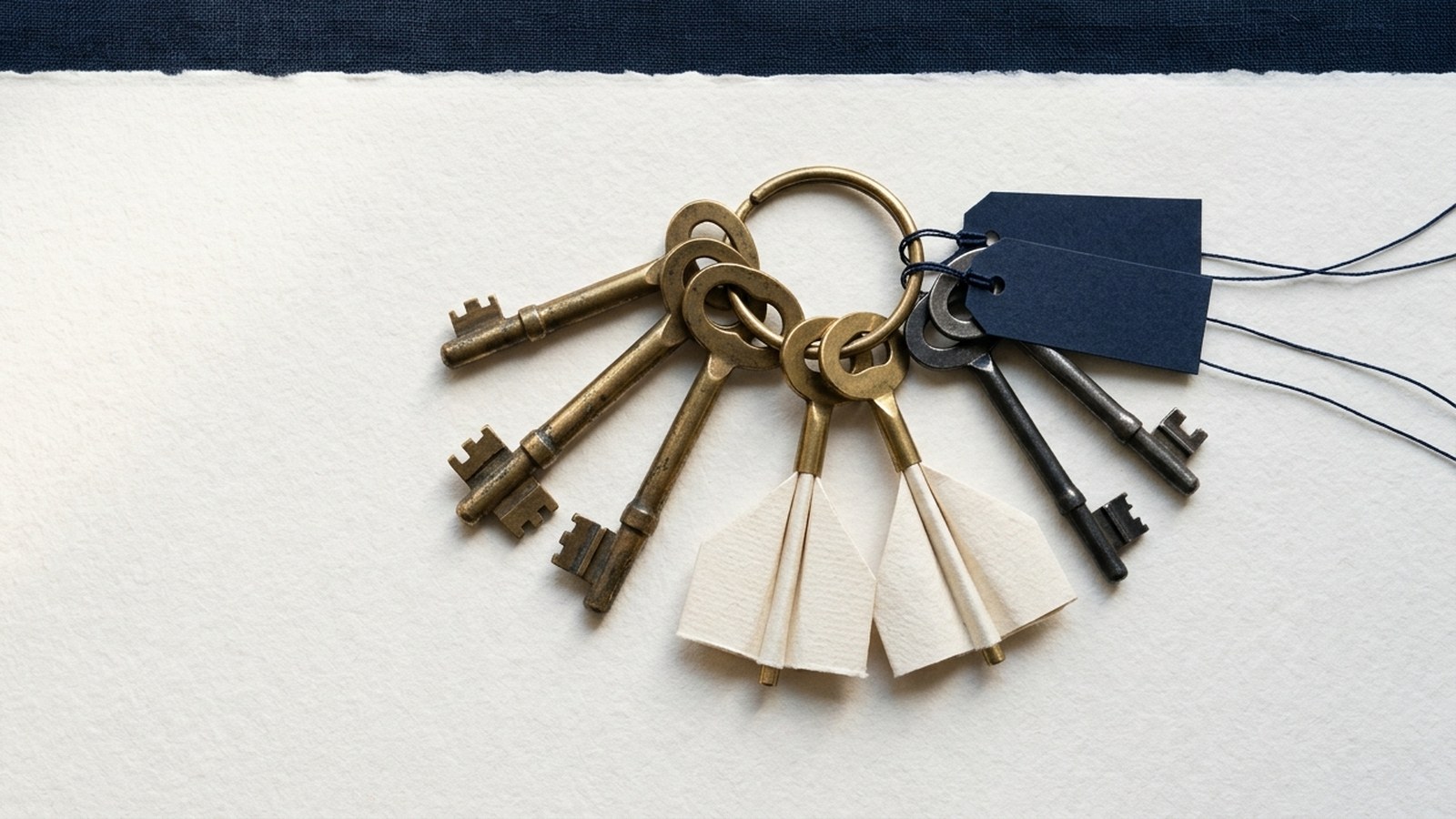 Editorial photograph-style still life on a paper-white desk: a ring of seven keys, three in brass, two half-dissolving into paper and two on tags with a thread leading out of frame, in soft navy and brass tones.