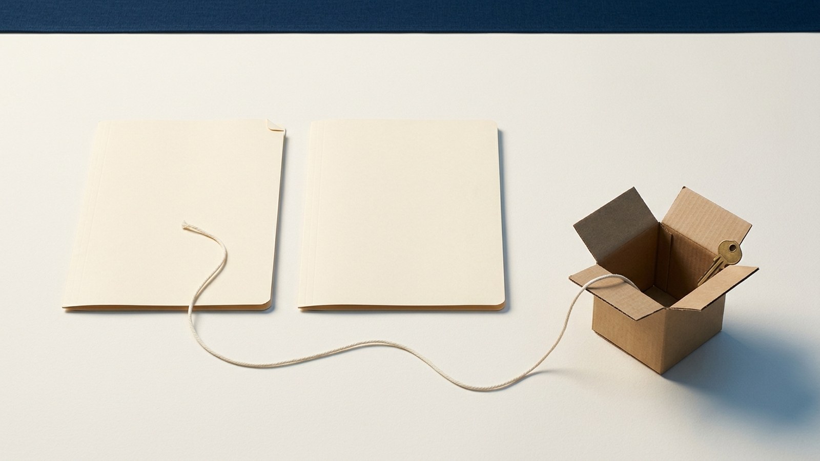 Editorial still life on a plain desk: two identical empty paper folders side by side, with a loose string running from the first into a smaller cardboard box beside it, daylight from the left and generous empty space around the objects.