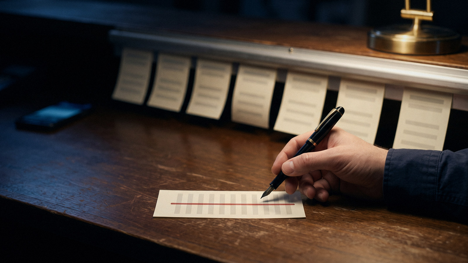 A hand draws a single red line through a paper return slip on a shop counter after closing, while a long row of identical slips on a steel rail fades into the dark behind it and a phone glows out of focus.