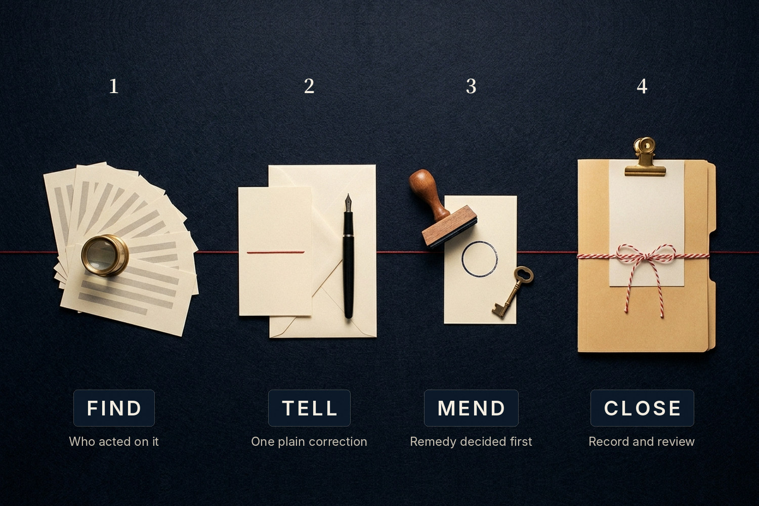 Overhead view of four groups of desk objects in a row, labelled Find, Tell, Mend and Close: slips under a magnifying loupe, one corrected slip on an envelope, a rubber stamp with a brass key, and a folder tied with string under a blank clipped page, linked by a red thread.